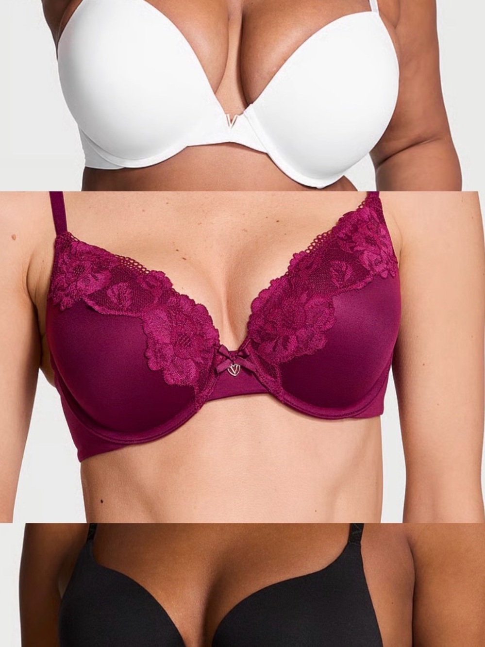 Victoria's Secret Lace-Trim & Smooth Plunge Bra Trio - White, Burgundy, Black